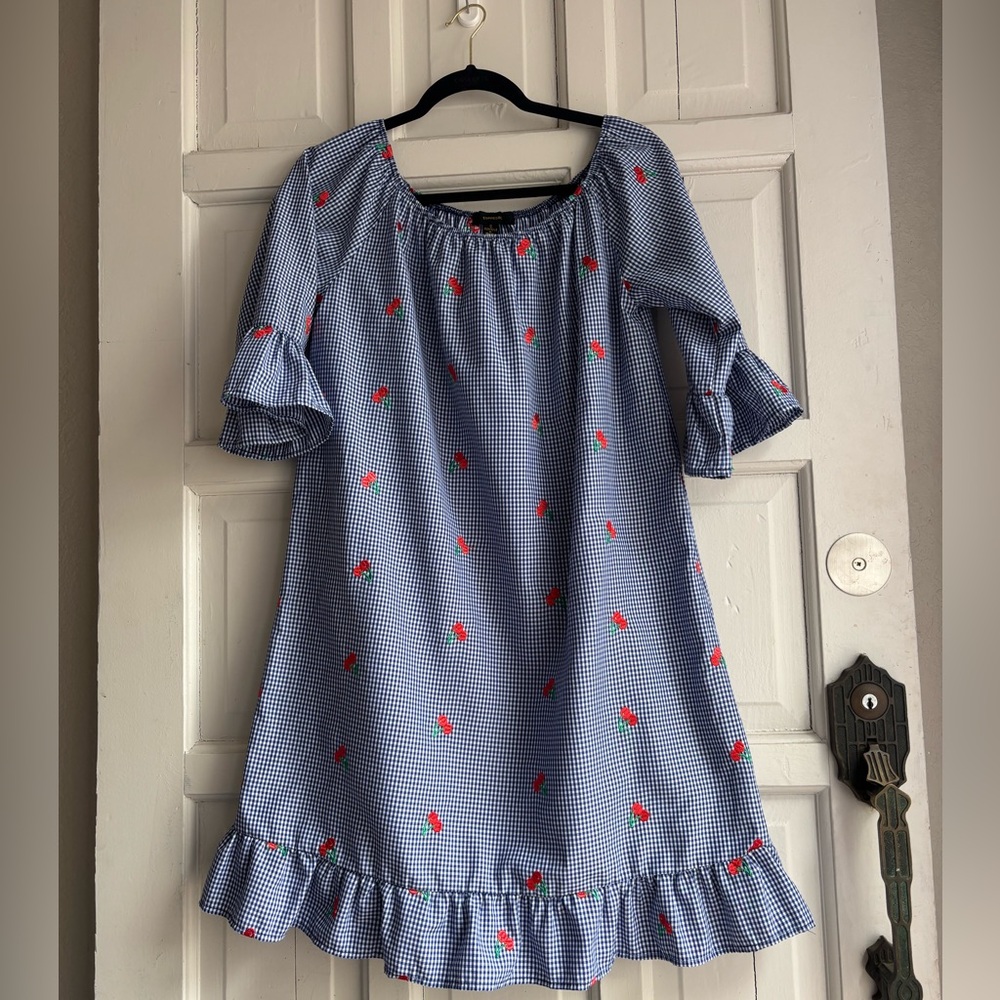 Espresso blue Embroidery cherry dress